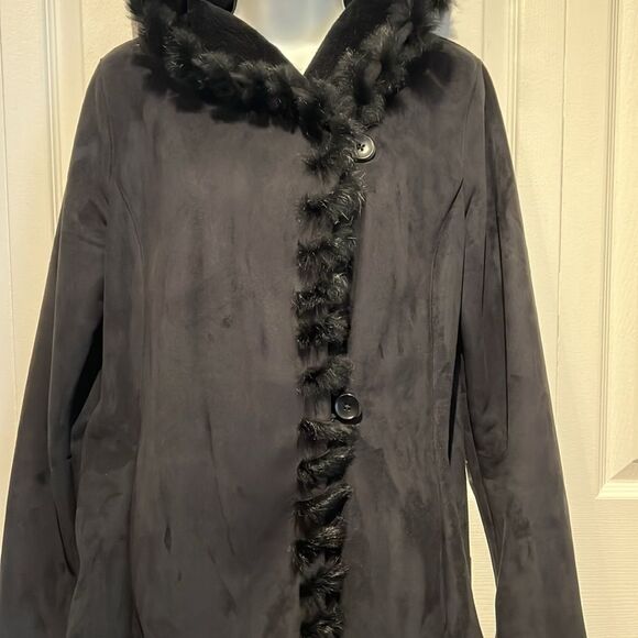 Jones New York Black Faux Suede‎ Real Rabbit Fur Trim Hooded Coat Size S - Picture 3 of 15